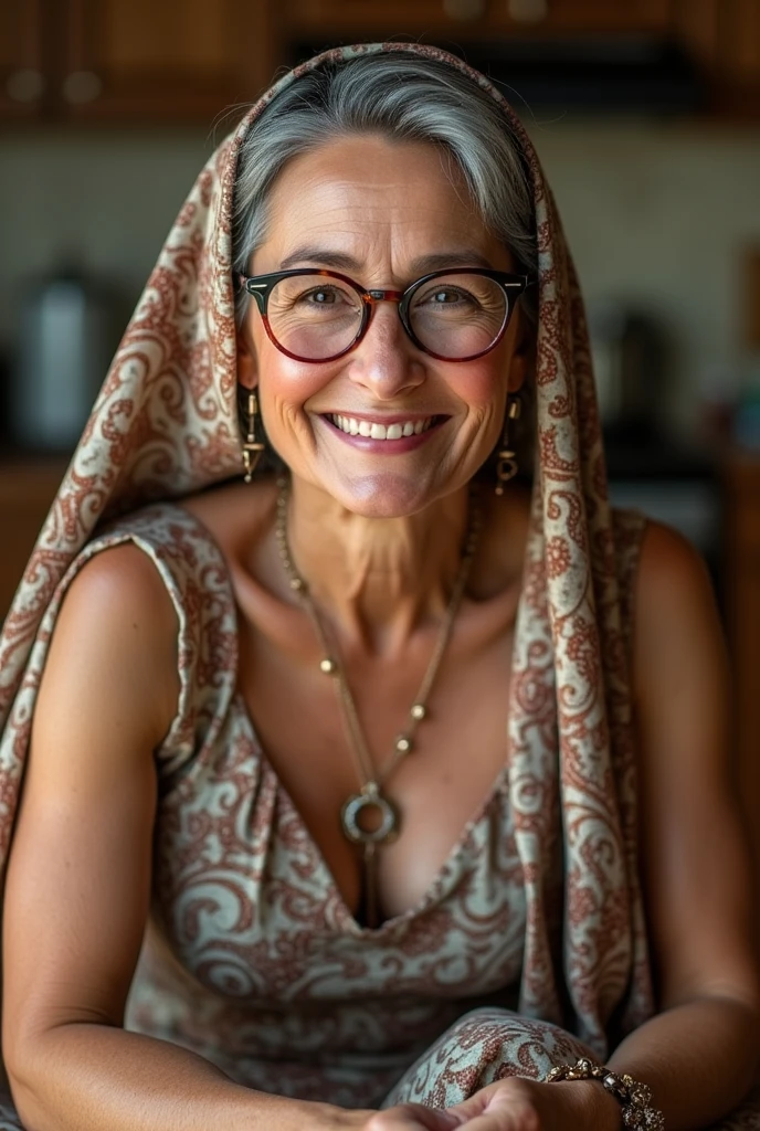 Professional, High level of detail, close up photo (attractive mature 45yo woman:1.3),ray tracing, natural lighting, (blushing:1.1 ), (classy, elegant, dandy)1.2, (batik colour), (((round breast))), ( breast opened) perfect face, (((medium breast,))), short skirt dress, necklace, (((glasses, covered, long veil))), Slim Face,(mature) , Pretty Lady, smile eyes, (big breast covered) , see full image, bracelet, (squatting in kitchen)