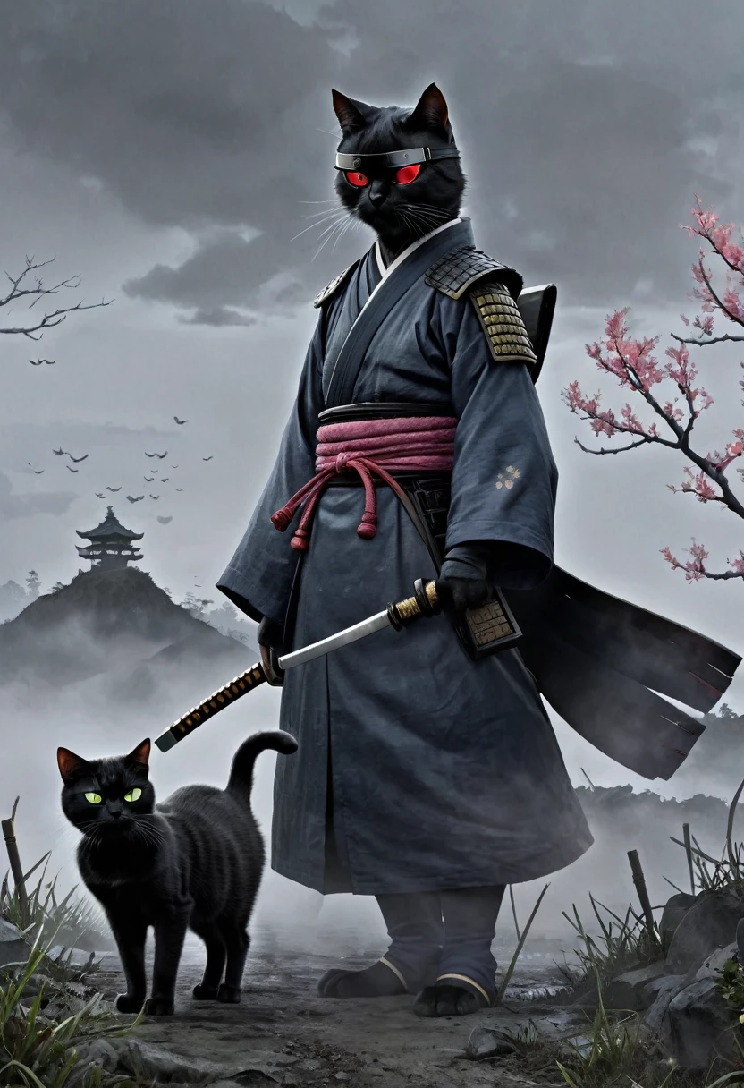 (drawing:1.3),Samurai cat, battlefield, (Animation Art), 2D, Colored, Gloomy atmosphere、A black cat wearing an eyepatch appears in front of the mother cat's eye picture