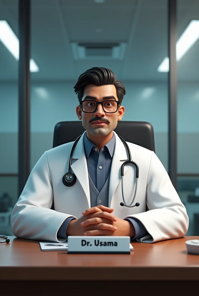 there is a indian man sitting at a desk with a stethoscope, doctor, realistic 3d style,There is a name plateon  the table and on it is written  "Dr.Usama"  medical doctor, wearing lab coat and a blouse, for hire 3d artist, wearing lab coat and glasses, (doctor), official fanart, 3d realistic, fanart, range murata and artgerm, with a lab coat,