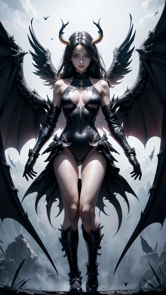 emphasis on wings, wings on shoulder, Angel wings and devil wings, white wings and black wings, (Realistic picture, highest resolution, 16ก), (A demon god with wide wings and enormous power on his shoulders..., Twelve wings on the shoulders., black bat wings:1.3 white angel wings:1.5), 6 angel wings, 6 devil wings, (Beautiful girl with two meter long hair, shiny black hairงาม, Smooth white skin, Lips are very red.), ((stand, already)), (big breasts, หัวBig tits), (gigantic breast, breast augmentation, Breast 400 cc., small waist, hips raised, small thighs, Long legs), (dynamic poses), (Armor that slightly conceals the body), Separate theme, (Angel wings and devil wings), floating in the air above the groundดิน, background darkness, Embraced with twelve wings, The horns that grow from the head are like a crown., He who has light, wears little armor, There is power coming out of the body., sparkling wings, white light black light, amazing wings, beautiful gesture, 8K resolution, Resolution 4000 x 2250 pixels, beautiful gesture, Angel wings and devil wings, (Realistic picture, highest resolution, 16K), (A demon god with wide wings and enormous power on his shoulders.., Twelve wings on the shoulders., black bat wings:1.3 white angel wings:1.5), Angel wings and devil wings, white wings and black wings,, Have wings 100 Have wings 1000, Angel wings and bat wings, wings inserted between wings, 12 wings, 6 angel wings, 6 bat wings, Angel wings and devil wings, white wings and black wings,, (Beautiful girl with two meter long hair, shiny black hair, Smooth white skin, Lips are very red.), very long hair, ((stand, toe)), (big breastsโต, หัวBig tits), (gigantic breast, small waist, hips raised, small thighs, Long legs), (dynamic poses), (black and white leotard, There are beautiful patterns., Decorated with gold embroidery., Show off your chest), Separate theme, (Angel Wings and Demon Lord Wings), floating in the air above the ground, background darkness, Embraced with twelve wings, He is white and black., A rainbow glow on the back of the head, The most busty breasts, Big tits, universe backdrop, dynamic gesture, Drive the skin, Smooth white skin, (The wings are in layers, alternating with white, alternating with black. The wings are alternating with layers of white, alternating with layers of black, and alternating again.), gold pattern set