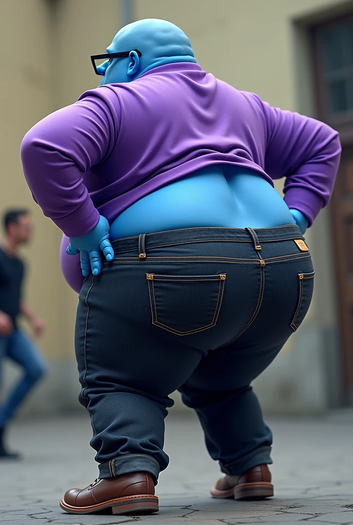 A blue skin tone guy, very fat, purple shirt with long sleeves, wears glasses, black jeans, shows off his butt, he is bald, seductivly twerk, he farted