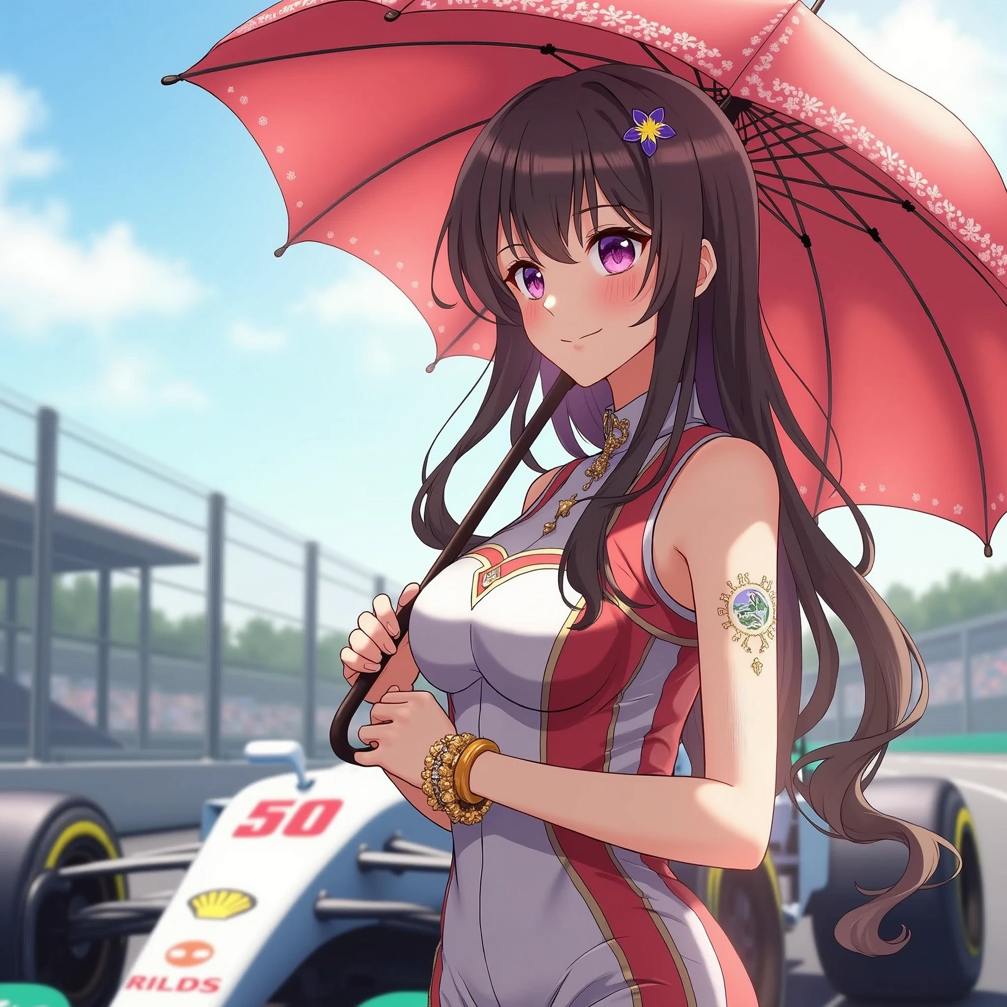 F1 Race Circuit。One young Japanese race queen。Standing with a parasol in front of a race car。The costume you&#39;re wearing、separate。I have a bangle on my arm。Background、Sparkling in the summer sun。Anime Style。