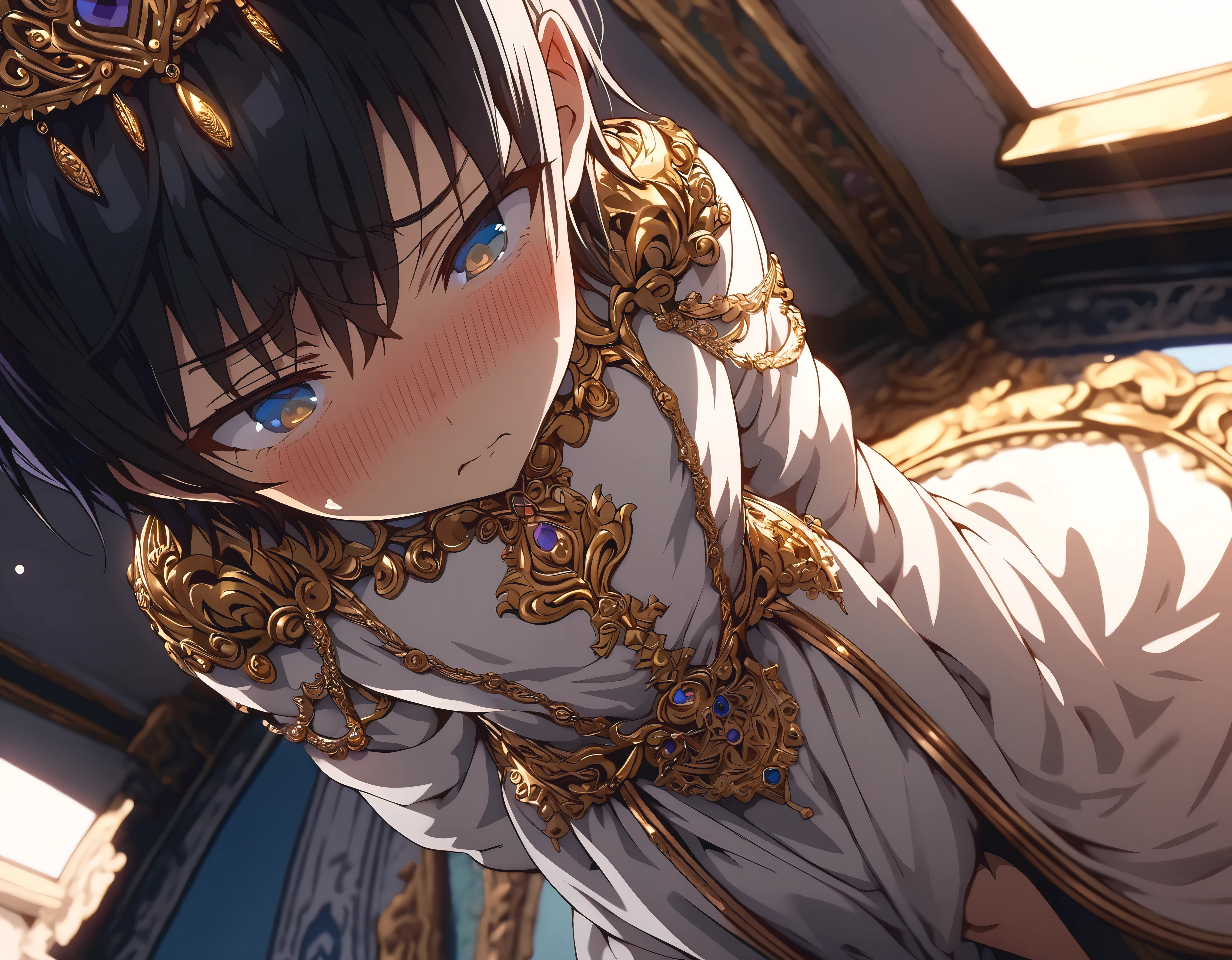 (POV), wide angle, masterpiece, best quality,highly detailed,extremely detailed cg unity 8k wallpaper,(day),reflection light,ray tracing,shadow,illustration,(((solo))),(1boy),(shota),(sexy),(clear facial details),(smooth skin),thin leg,bare feet,beautiful detailed eyes,aquagradient eyes,short hair,black hair,(gold),hidden legs,((very long silksoft white dress with many gold decorations, very long dress)),(frills,lace,wrinkle),(prince),(cute),blush, disgust, (close up),(front view),(In palace),detailxl