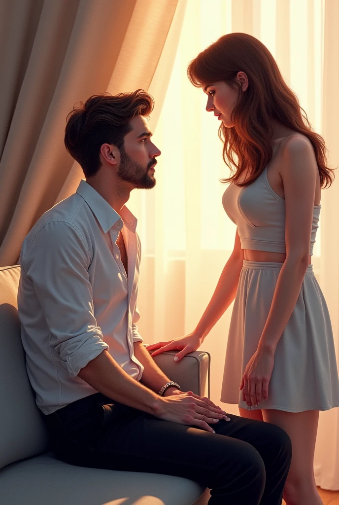 Fait moi un dessin pour que je puisse decalquer ou un homme est assis dans un canapé et porte une chemise blanche et un pantalon noir. Limage sera vue sur le cote donc on doit voir le profil de l homme. Une femme est debout devant lui portant une robe courte. L homme la regarda avec passion 