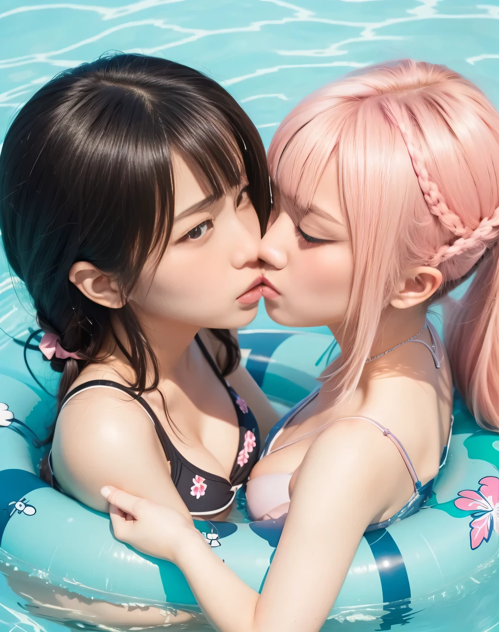8k,masterpiece,Japanese,best quality, two girls, (kissing:1.3), bikini, (innertube1.7), reluctantly, (blush:1.8), (breasts:1.6)