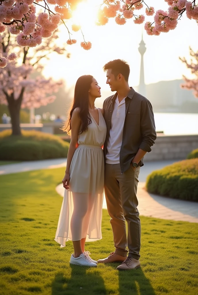 To capture the spirit of the image you've shared but set in Yamashita Park, I'll focus on these key elements:
Natural and Intimate Poses: The couple will be standing close, with a similar gentle connection and warm expressions, as they share a quiet, intimate moment together.
Casual yet Elegant Fashion: The couple will wear stylish, modern attire with a relaxed feel—perhaps the woman in a light, flowy dress and the man in a casual jacket and trousers, reflecting both comfort and sophistication.
Soft, Golden Lighting: The scene will feature warm, golden hour lighting, similar to the soft sunlight in the original photo, casting a romantic glow over the couple and the surroundings.
Yamashita Park Setting: The background will include iconic features of Yamashita Park, such as the waterfront with views of Yokohama Bay, lush greenery, blooming flower beds, and perhaps a glimpse of the Marine Tower. The park’s natural beauty will enhance the peaceful and romantic atmosphere. Japan couple