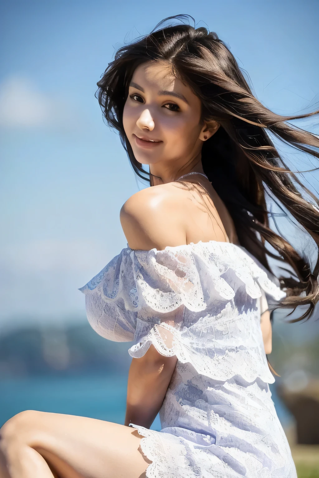 ((Highest quality, 8k, masterpiece: 1.3)), sharp: 1.2, Perfect Body Beauty: 1.6, ((Layered Hairstyles, Big Breasts: 2.0)), (blue sky: 2.0), (White and purple lace dress: 2.0), (Off-the-shoulder dress: 2.0, A dress that shows off your bust: 2.0), ((long hair: 2.0)), (necklace: 2.0), Earrings, ring, Bracelet, Hair Accessories, ((Beautiful young ager woman)), ((Straight nose)), (Eyeliner), Armpit Hair, Bristles, ((White and beautiful skin)), Wavy Hair, Beautiful attention to detail, Super detailed, Highly detailed face and skin texture, fine grain, double eyelid, Black Hair, Big Ass, Lower Body, Thighs, (((Skinny))), Wet and shiny lips, (smile: 1.0), Touching your own body, ((Anatomically correct human body)), ((Crisp body shape)), Ribs, clavicle, Protruding skeleton, A face without nasolabial folds, Shyness, Thin eyebrows, Big eyes, (Narrow shoulders: 2.0), White skin, (shoot from side: 1.5), (between legs: 2.0)