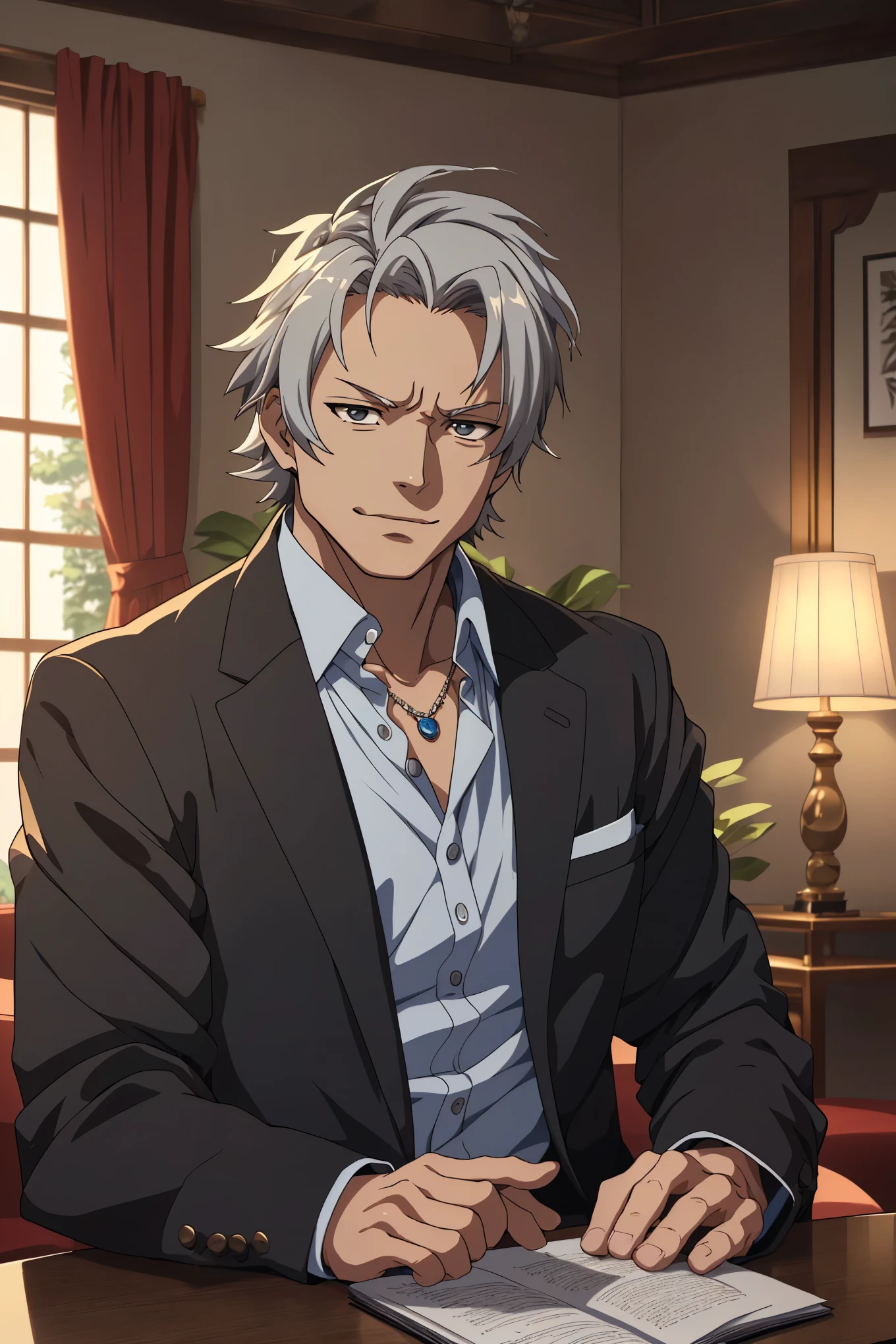(((masterpiece、Anime Style、high resolution、high quality、Delicate、Ultra-high resolution、8k)))Japanese men、65age、Gray Hair、elder、Wrinkles、Black suit、WhiteYshirt、accessories、necklace、Inside the Hotel
