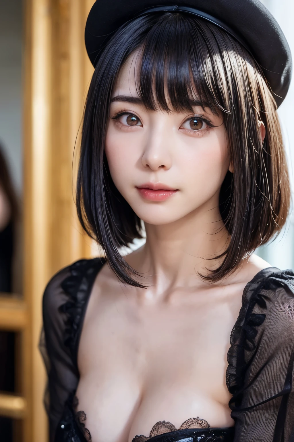 (masterpiece, Highest quality),One Girl, solo, Black-haired, hat, Realistic, Realistic, Looking at the audience, Light-coloured black eyes, Short brunette bob hair, Blue coat,, Glossy lips, Bans, Plein Air, Upper body、Big eyes、Beautiful view of sparkling snow lassi))、(((Short bob hair with bangs:1.4、Shiny Hair、Bans:1.4、Big eyes、large full chest、Intensely accentuates the eyes、Staring at the audience、Beautiful beauty、Listen carefully、Long neck、Smile a little、smile、Ideal body proportions)))、{huge|big|hugeな|Mega} chest:2, chestの谷間:2、Dignified sexiness