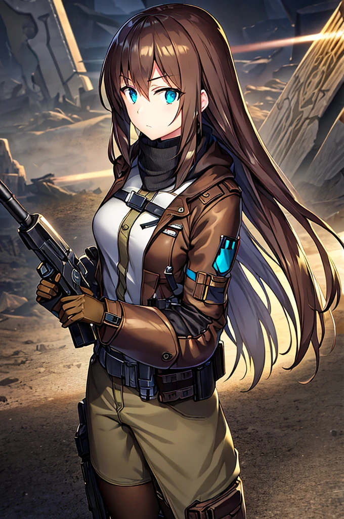 holding_gun, assault_rifle, Very detailed, Brown Hair, Anime Style, whole body, alone, Stylish Gunfighter Girl, Holding a steampunk long barrel pistol,Standing in the wasteland, 8K high resolution, White Background, In the spotlight, The background is a dark and desolate landscape, Horror movie atmosphere. Her figure is very beautiful, Emphasizing the dark and crazy elements. Skillfully expressing the effects of light and shadow