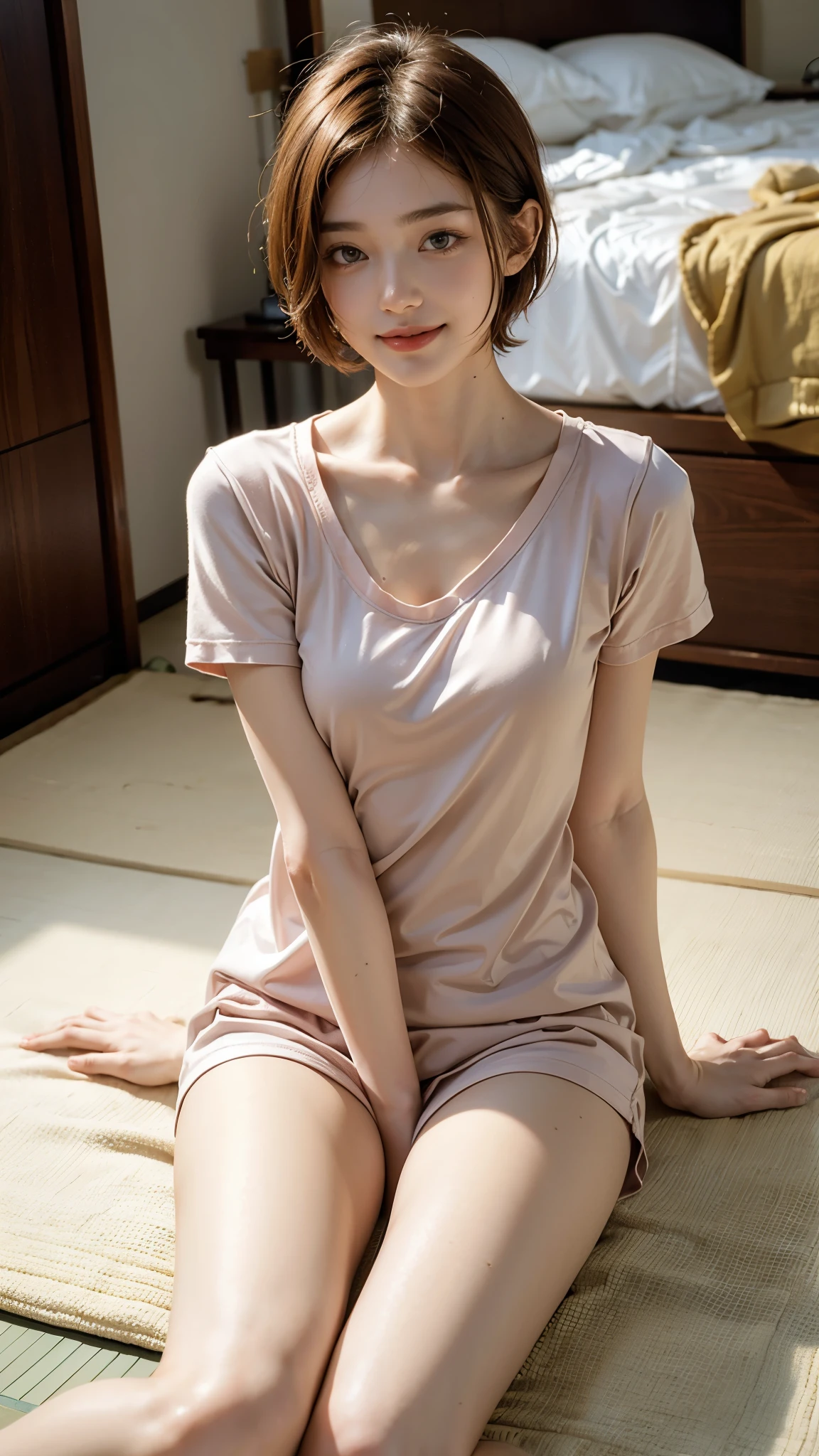 Highest quality, masterpiece, Ultra-high resolution,8k, (Realistic:1.6), (My Roomで寝転んでいるしてるポートレート:1.4)),((My Room,Bed on tatami mat)),((Showa retro furniture)),Slim Body,Leg stretch,RAW Photos,((Smiling with teeth showing)),((Short sleeve pajamas)),((Cute face)),Slim 26 year old adult female,1 person ,((Chestnut short hair)),Face Focus:1.4,
