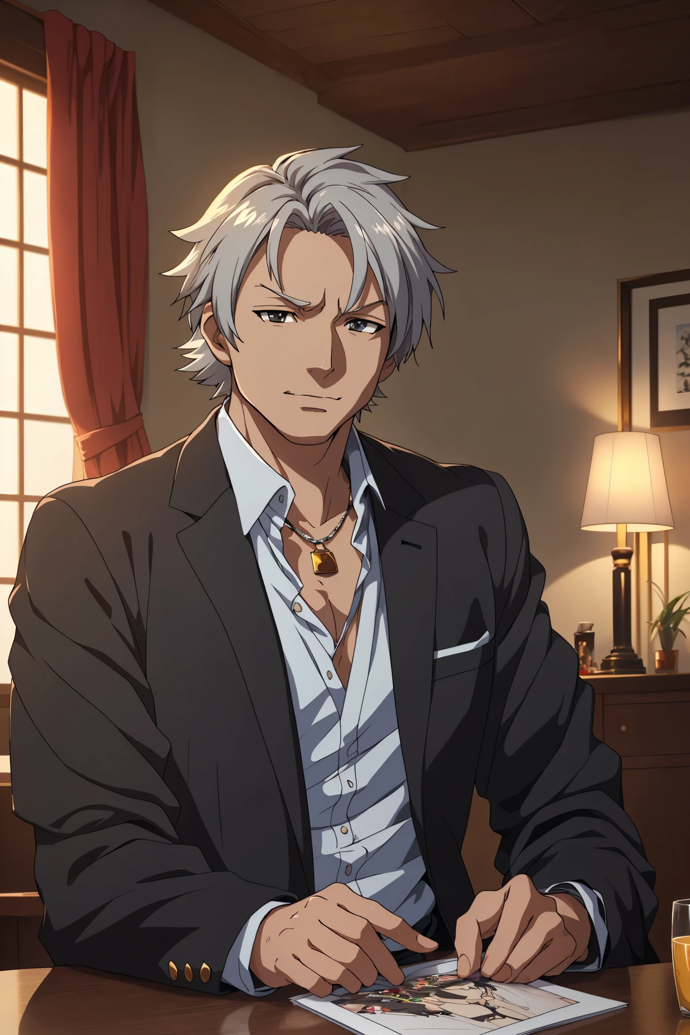 (((masterpiece、Anime Style、high resolution、high quality、Delicate、Ultra-high resolution、8k)))Japanese men、65age、Gray Hair、elder、Wrinkles、Black suit、WhiteYshirt、accessories、necklace、Inside the Hotel