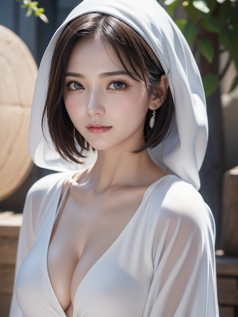 Realistic、Highest quality、Highest quality、masterpiece、Ultra-high resolution、RAW Photos、Realistic、Bright lighting、Face Light、Smooth Professional Lighting、Looking into the camera、alone、Adult female、Beautiful woman、Super Beauty、Realistic肌、Moisturized Skin、Realistic eyes and faces、Perfect model body shape、Beautiful Eyes、Big eyes、Inconspicuous tear bags、slim、big breasts of medium size、Beautiful fingers、Very short hair、Black Hair、black eye、Looks happy、Cowboy Shot、(Both ears are hidden by hair)、(((White Wizard)))、Fantasy World、Medieval Europe、wilderness