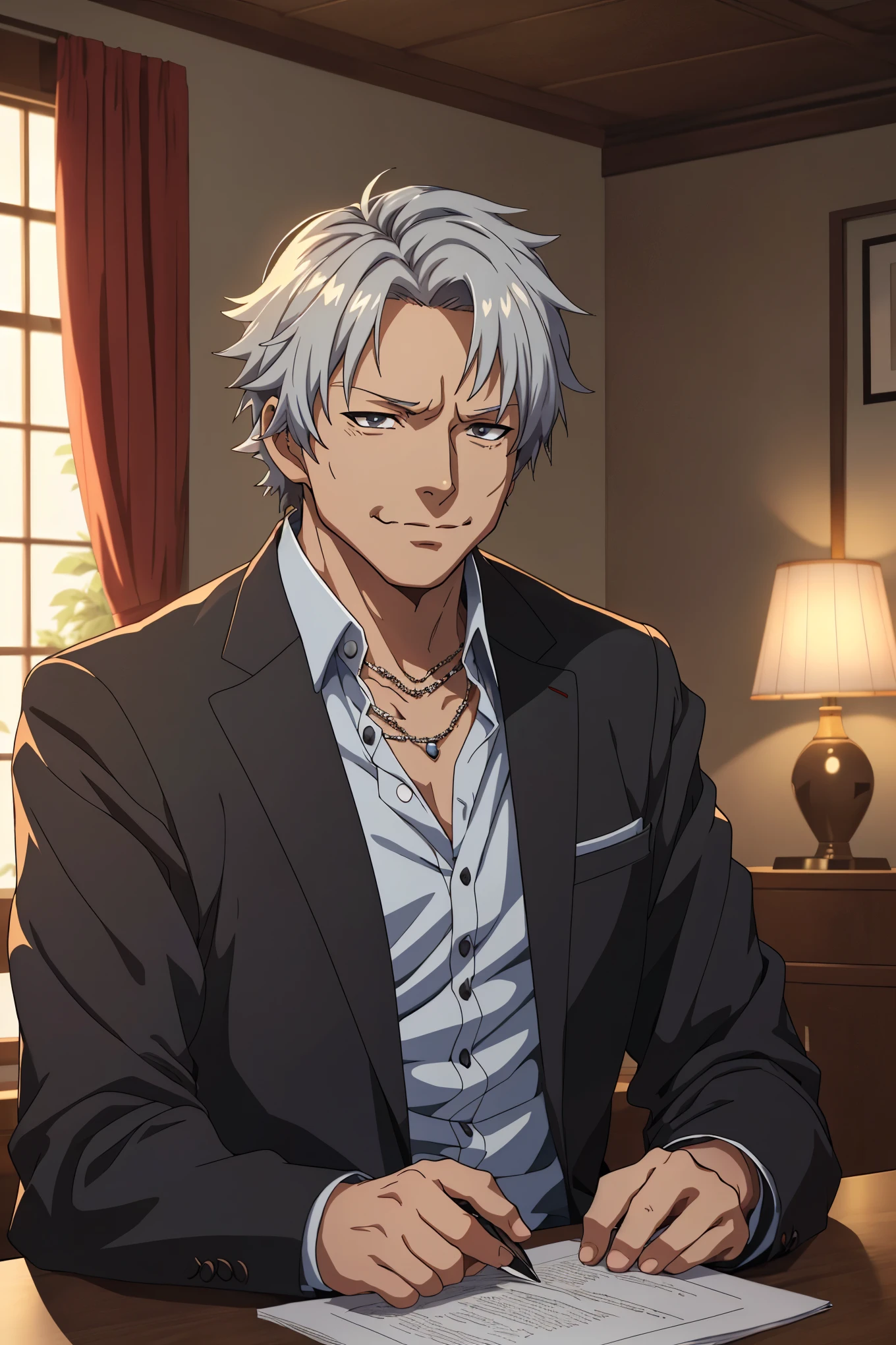 (((masterpiece、Anime Style、high resolution、high quality、Delicate、Ultra-high resolution、8k)))Japanese men、65age、Gray Hair、elder、Wrinkles、Black suit、WhiteYshirt、accessories、necklace、Inside the Hotel