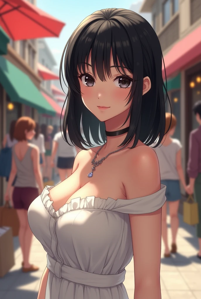 (small breasts:1.3), (perky chest:1.1), (pointed chest:1.0), masterpiece, 1girl, thin waist, big ass, small breast: 1.3, posed cleavage:1.1, solo, looking at viewer, black hair, dark black eyes, sundress, bare shoulders, jewelry, collarbone, off shoulder,  medium straight hair , off-shoulder sundress, sun dress, off-shoulder sun dress, white sundress, dark black hair, with teasing expression, cunning face, sly expression, confident, teasing the viewer look, is rendered in (masterpiece: 1.2, best quality), with (ultra high resolution) and an exquisite (depth of field). This masterpiece is not only visually stunning but also tells,A scene of shopping with a busy shopping district in the background 