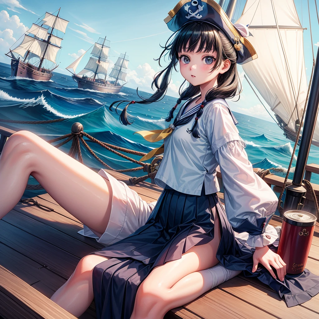One Girl(8age), pirate, Highest quality、Cinema Lighting、Sailor suit、Long skirt、 sailboat(Galleon)On the mast、White panties,