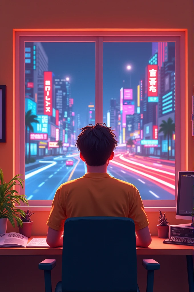Generate me a casual guy looking into the camera. he is sitting at his desk and is made of a carton/lofi style. behind him i a window with sky scrapers and trafic that is colorful in a synthwave style. his room is of a more orange cozy tint. his body and face looks strait into the camera, he has dark brown hair