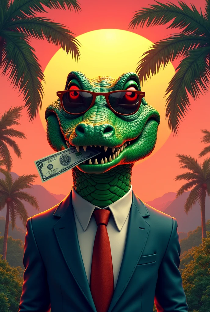 Crocodile head, Green,red eye,Dollar Symbol im Maul,palm trees, sun set,sunglasses ,necktie,Dollar bills