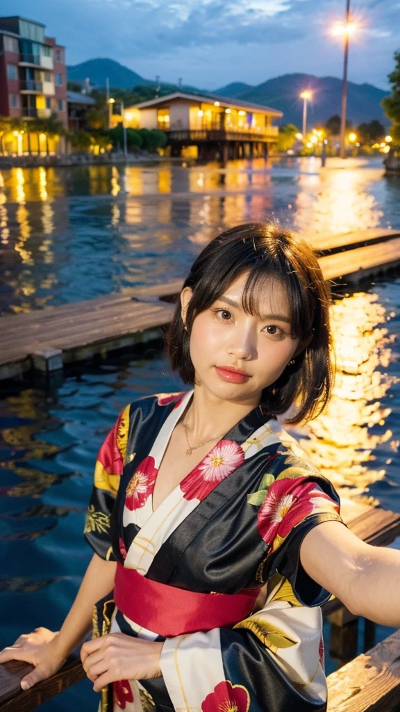 Masterpiece, best quality, ultra high resolution, hyper realistic, realistic, (photorealistic:1.4), masterpiece of analog film photograph a girl, long black hair, blunt bangs, taken by Hideaki Hamada using Pentax 67II and Kodak Portra, standing by a riverside at night, watching fireworks, She is dressed in a traditional, elegant yukata with a floral pattern and an obi sash, The background shows colorful fireworks lighting up the night sky, reflections on the water, and people in the background enjoying the festival, High-resolution, realistic depiction, with a touch of elegance and allure, pov, selfie, anatomically correct 