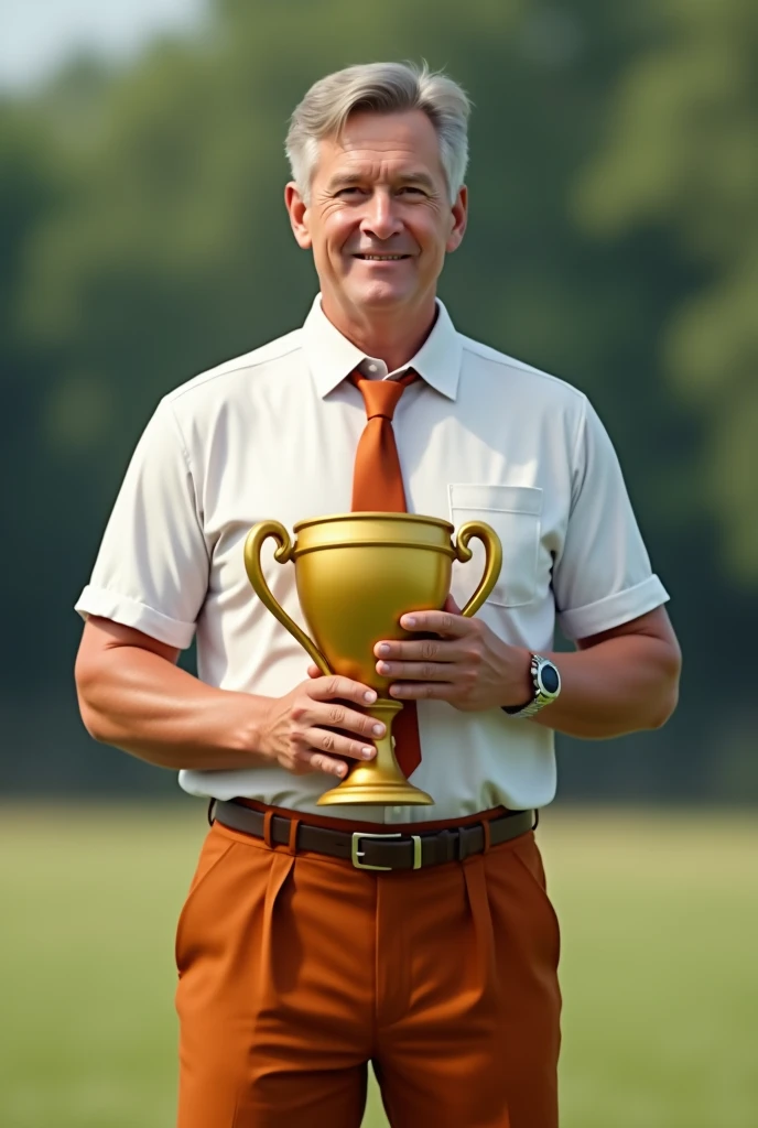 A man aged 40 wearing dark orange trousers and a white shirt as a school uniform holding golden boots award from football