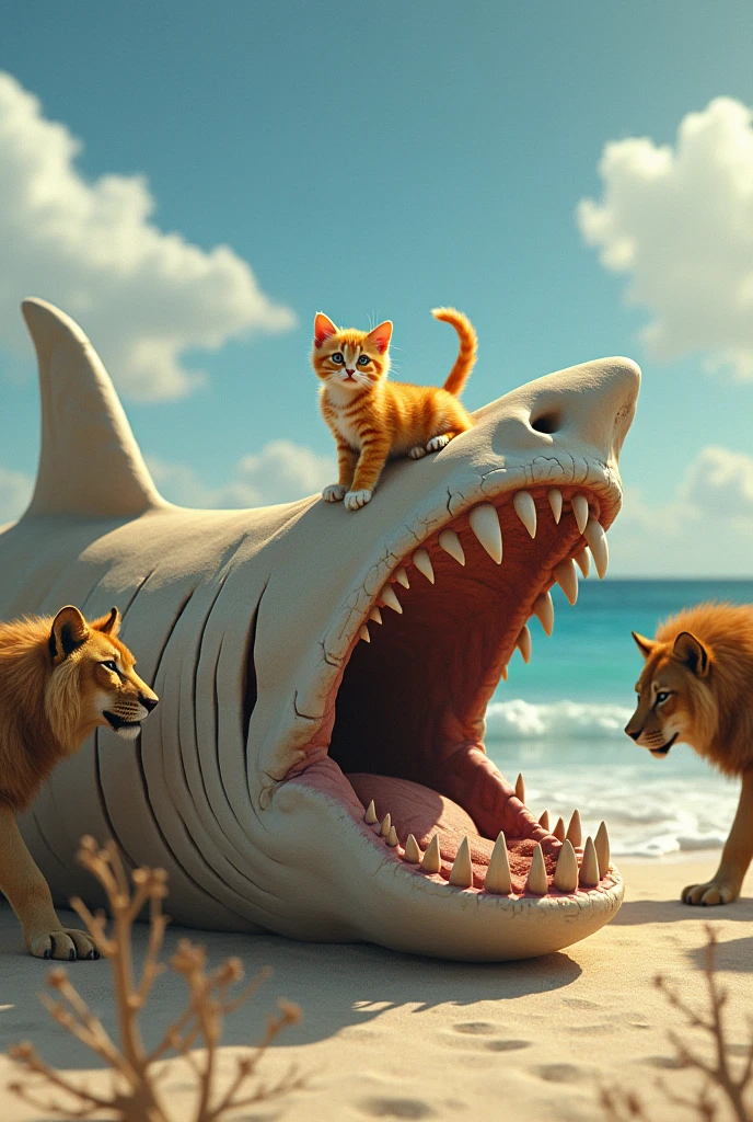 A cute orange kitten sitting on the mouth of large dead megalodon on the sea shore. The dead megalodon is surrounded by lions and tiger and wolves