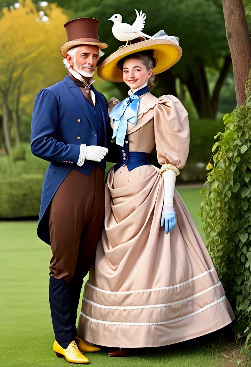 Year 1898. 1girl, 1man. Humanized Minnie Mouse as a pretty, flirty 12yo girl, seducing a horny 69yo gentleman. 1890s fashion. Victorian high-collar navy blue dress with (((long puff sleeves cuffed into wrist-high white silk gloves. Powder blue sash cinched around her waist. Navy blue ankle skirt. Pink straw boater hat with a stuffed white bird held on top and a veil in the front))). Long raven brunette hair (((tied into a bun enclosed in a net))). Wasp waist. (((Bubble butt sticking out))). Petticoats. Thigh-high silk stockings. High-waisted open bloomers. (((White high-heel button boots:1.2))). 1890_dr3ss. Gorgeous face, big blue eyes, dimple cheeks, coquettish smile. Victorian park setting. Man wearing (((three-piece brown business suit, starched collar, yellow straw hat, shoes with spats, aged face, white hair))). Large man, small girl. Man over 1 head taller than girl. (((Full body, NSFW)))