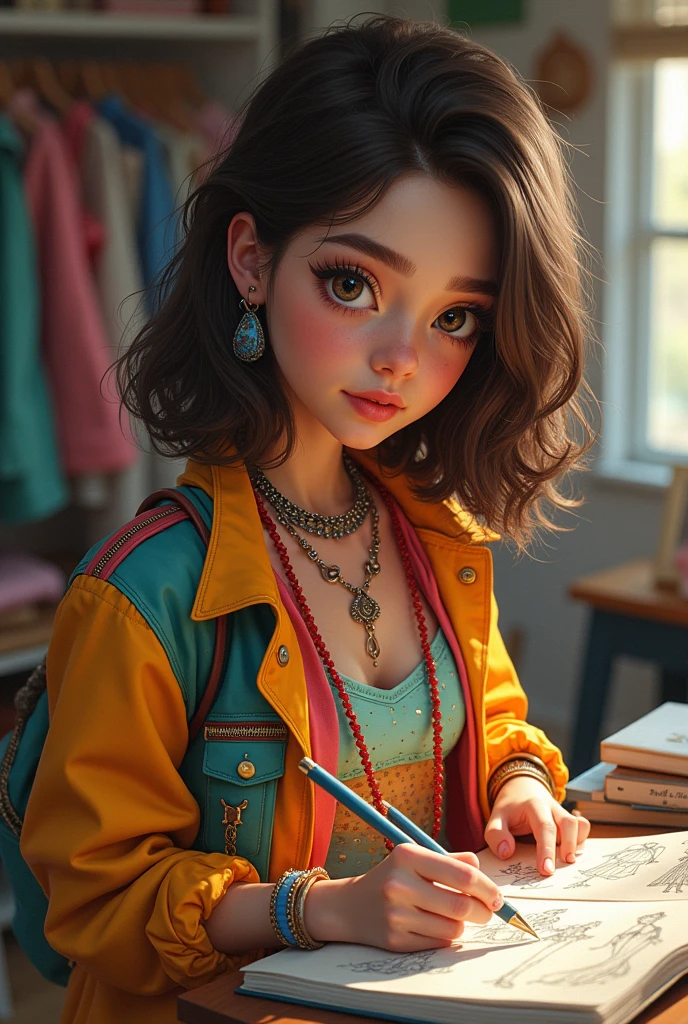 Realistic ager designer with brown hair wearing colourful crazy outfit drawing in her sketchbook to design new crazy dresses as her hobby to get noticed by her favourite designer of all time