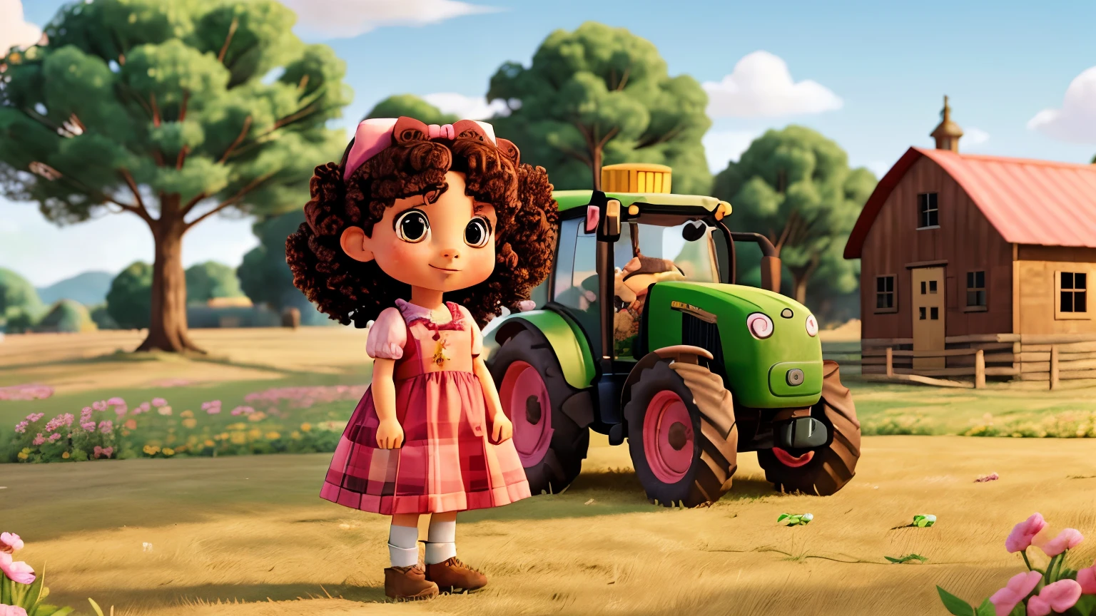 2 year old girl, on a farm full of animals, pink plaid dress, fair skin with curly brown hair with a bow, light brown eyes, full body view. green field with tractor running in the background. pink barn. party