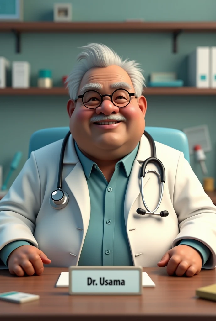 there is a indian fat man sitting at a desk with a stethoscope, doctor, realistic 3d style,There is a name plateon  the table and on it is written  "Dr.Usama"  medical doctor, wearing lab coat and a blouse, for hire 3d artist, wearing lab coat and glasses, (doctor), official fanart, 3d realistic, fanart, range murata and artgerm, with a lab coat,