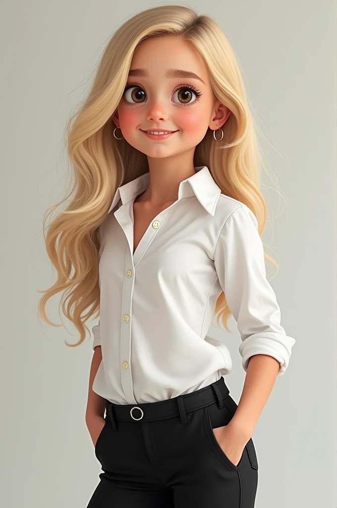 Create a picture of my girlfriend she is and pretty blonde nice and has brown eyes she will wear a white shirt and black pants