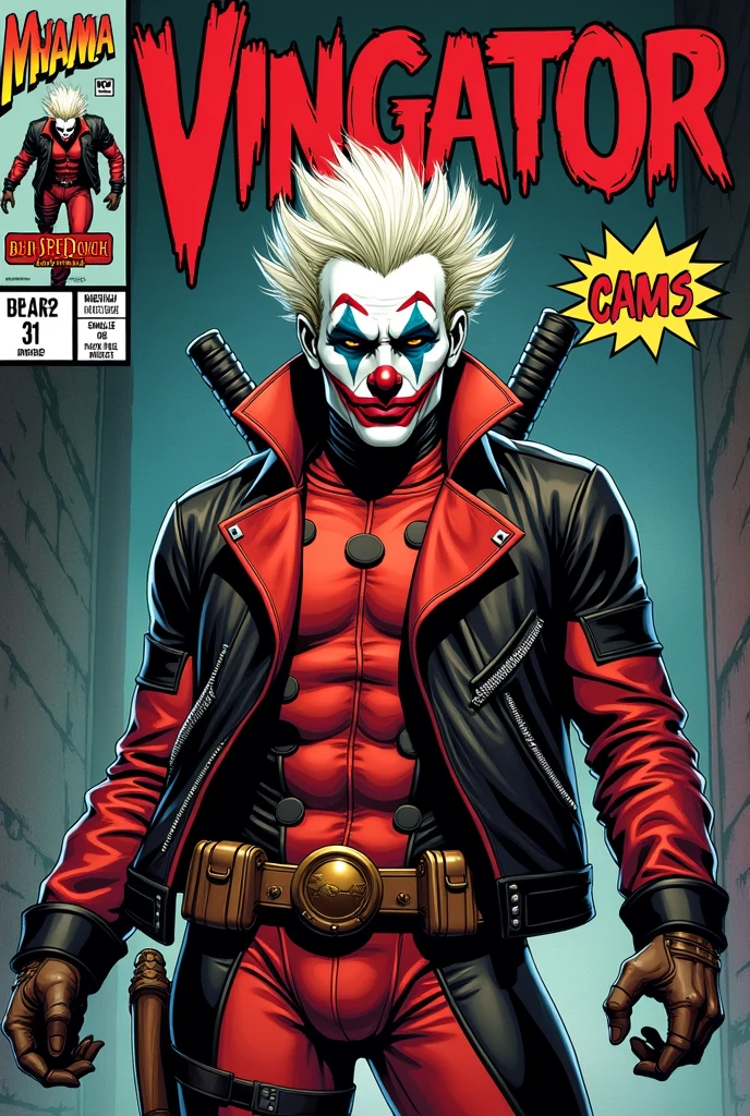 Old style marvel comic book cover ,with a character with clothes deadpool jumpsuit joker jacket face with clown makeup white hair, with title of "vingator"