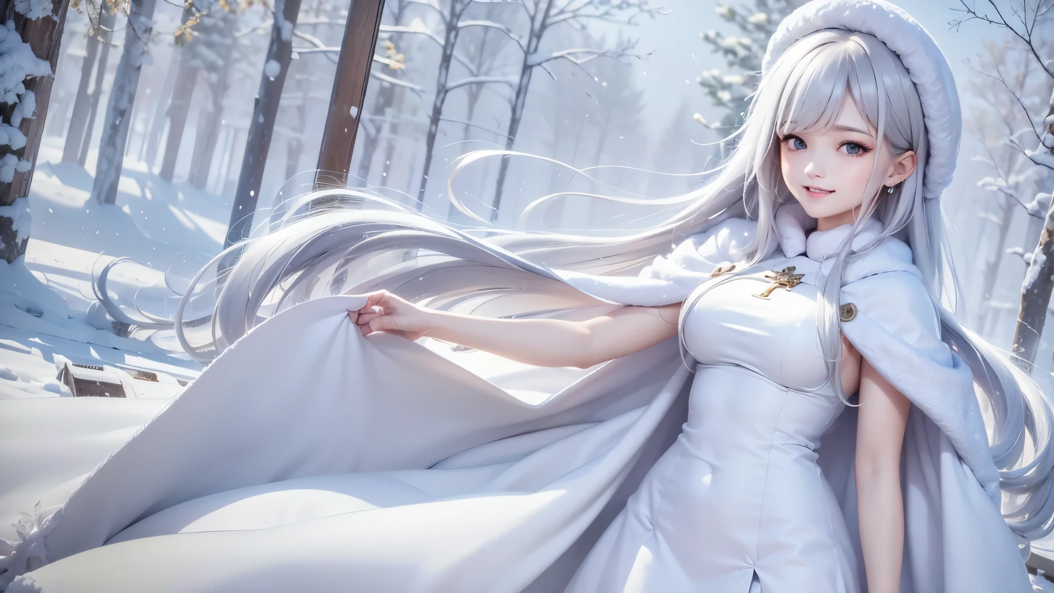 masterpiece、Highest quality、1 girl, winter, white hair, Cute girl, smile, close mouse, medium breasts, white dress, winter clothes, Fur coat、Small waist、Thin legs、outdoors, snow falling