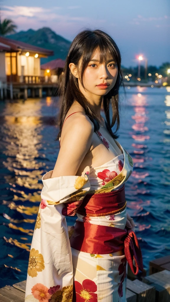 Masterpiece, best quality, ultra high resolution, hyper realistic, realistic, (photorealistic:1.4), masterpiece of analog film photograph a girl, long black hair, blunt bangs, taken by Hideaki Hamada using Pentax 67II and Kodak Portra, standing by a riverside at night, watching fireworks, She is dressed in a traditional, elegant yukata with a floral pattern and an obi sash, The background shows colorful fireworks lighting up the night sky, reflections on the water, and people in the background enjoying the festival, High-resolution, realistic depiction, with a touch of elegance and allure, pov, selfie, anatomically correct 