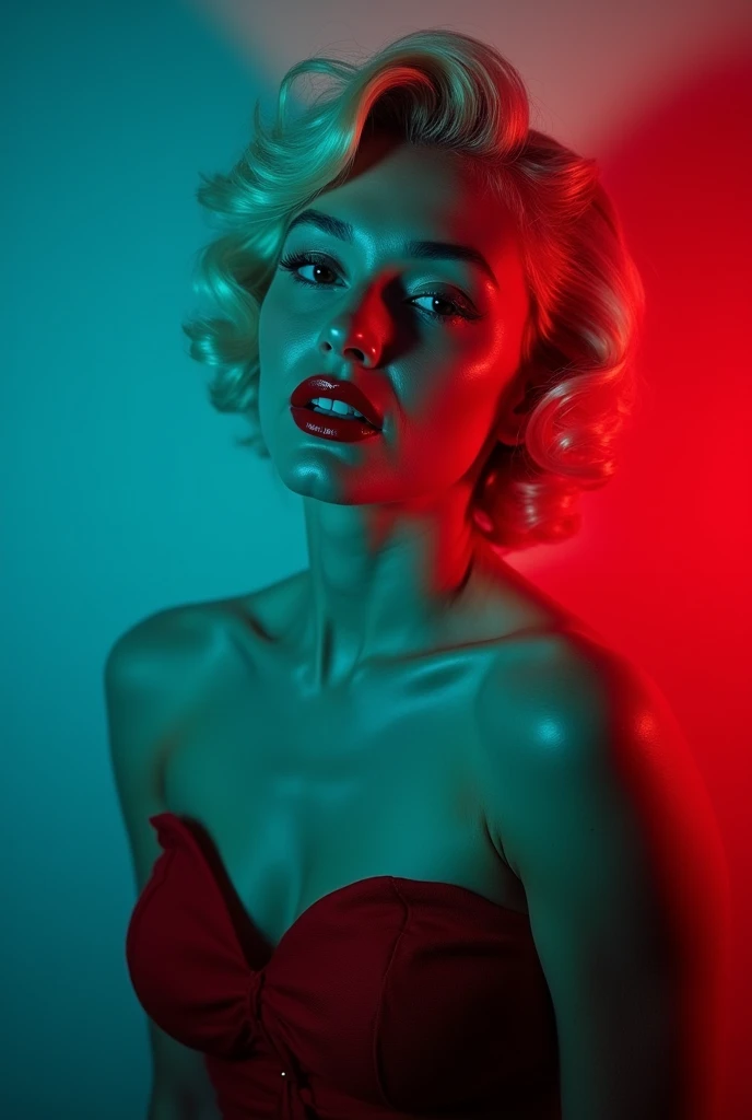 Marilyn Monroe with blue-green and red studio lights with empty background