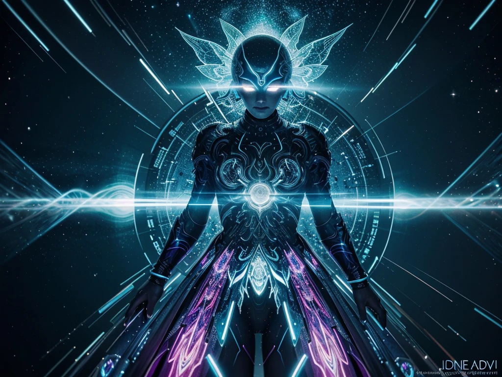 A luminous digital ghost manifests in a kaleidoscope of psychedelic hues, its ethereal form pulsating with energy. This being, reminiscent of an otherworldly alien, appears against a backdrop of swirling colors in a long exposure photograph. The image captures the ghostly figure in exquisite detail, showcasing its shimmering transparency and vibrant, electric presence. The intricate patterns and vivid tones leap off the screen, creating a mesmerizing and mesmerizingly beautiful sight for the viewer.