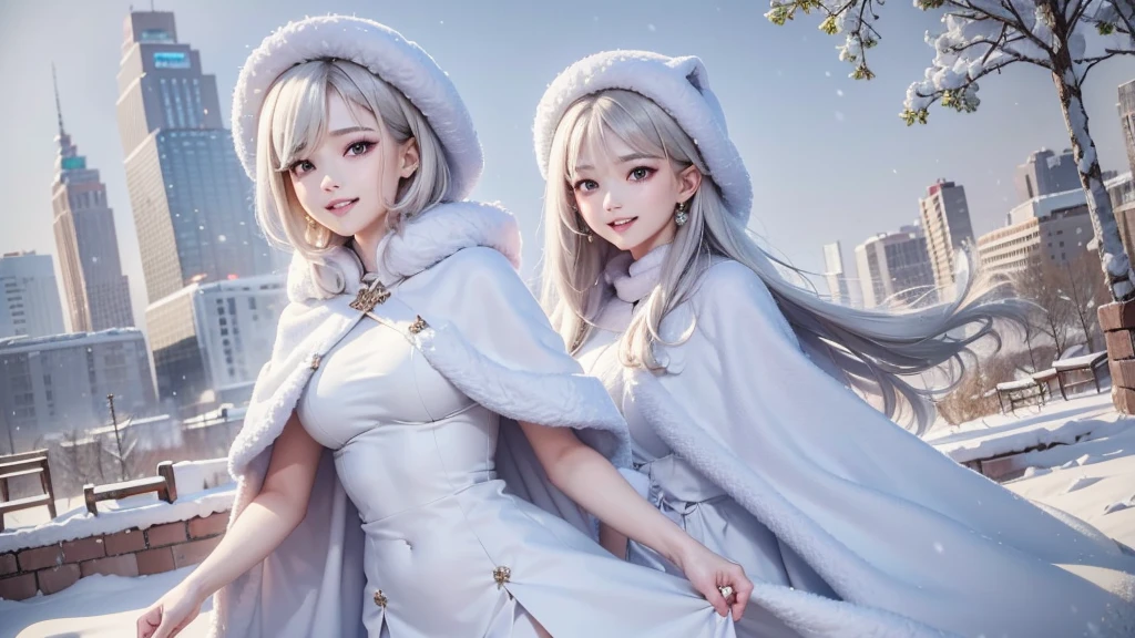 masterpiece、Highest quality、1 girl, winter, white hair, Cute girl, smile, close mouse, medium breasts, white dress, winter clothes, Fur coat、Small waist、Thin legs、outdoors, snow falling