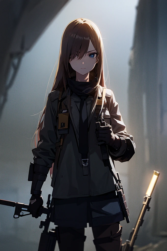 holding_gun, assault_rifle, Very detailed, Brown Hair, Anime Style, whole body, alone, Stylish Gunfighter Girl, Holding a steampunk long barrel pistol,Standing in the wasteland, 8K high resolution, White Background, In the spotlight, The background is a dark and desolate landscape, Horror movie atmosphere. Her figure is very beautiful, Emphasizing the dark and crazy elements. Skillfully expressing the effects of light and shadow