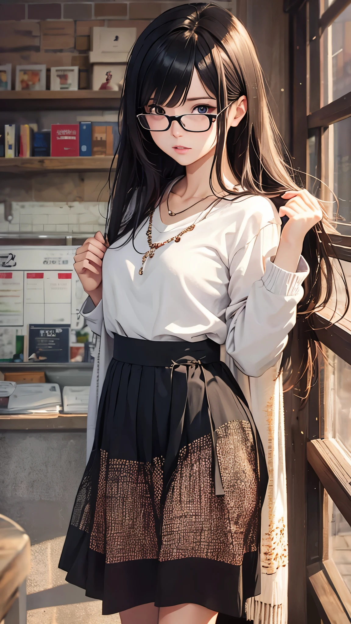 (highest quality,4K,8K,High resolution,table top:1.2), super detailed, (realistic,photorealistic,photo-realistic:1.37),((full body)), Unfortunate,Glasses,((black hair)), ((long hair)),tight-design-sweater,maxi-length-long-skirt,necklace,shoes,beautiful and fine eyes, beautiful detailed lips, highly detailed eyes and face, long eyelashes, realistic anime 3D style, Smooth anime CG art, Digital rendering by Makoto Shinkai, Moe anime art style, photorealistic rendering of an anime girl, Shinkai Makoto style, Cute anime girl visuals, realistic young anime girl, girl fan art, Created by Anime Artist'studio of.