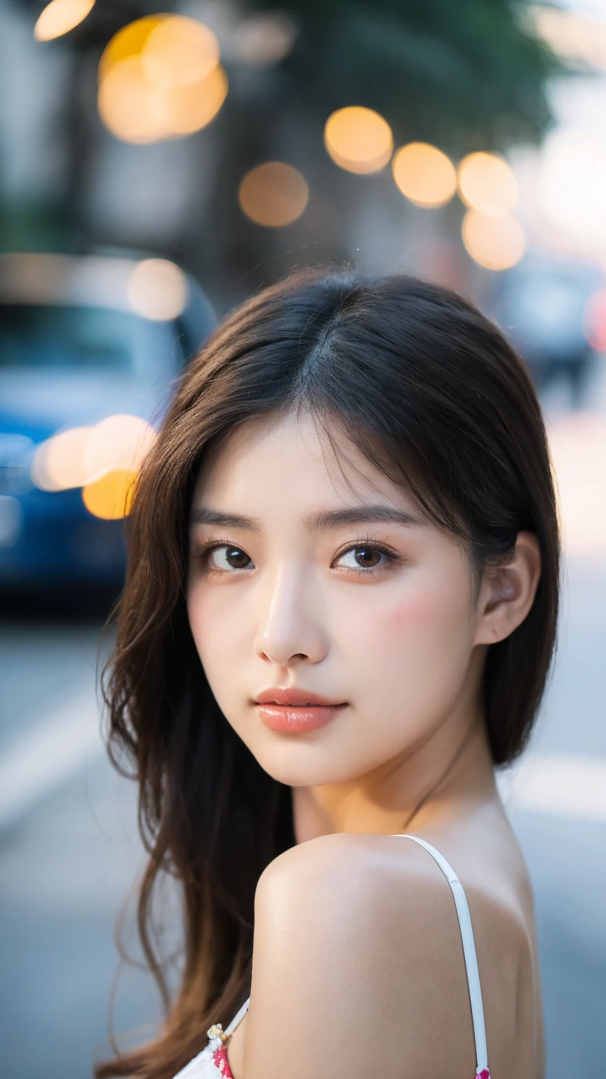 ((Best quality, 8k, masterpiece:1.3)),1girl,18 years old,Asian,Real texture:1.3,(Background blur:1.1),,Tall and slender figure:1.2,(Hot summer weather),(street:1.3),Highly detailed face and skin textures,Exquisite eyes,Long eyelashes,Double eyelids,Skin Whitening,happy,Various lenses,Beautiful breasts