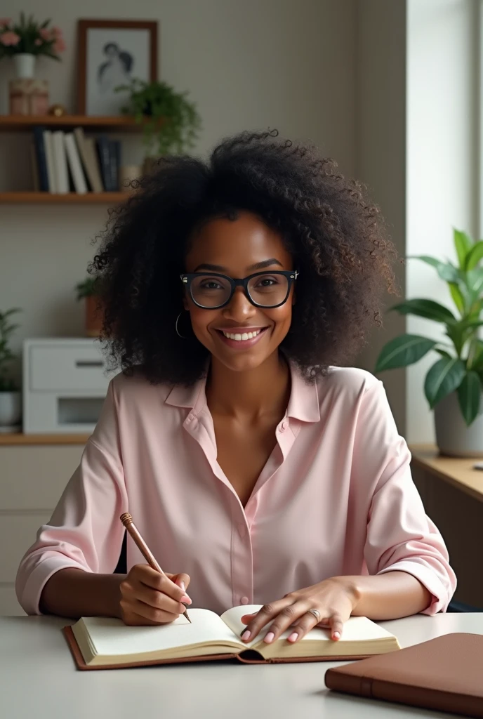 A black woman with shoulder length curly hair smiling , wearing glasses and a light pink blouse, sitting at an office desk with a diary in her hand.