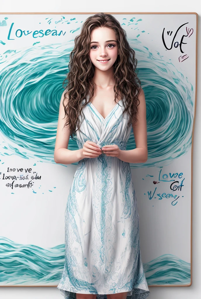 Beautiful girl with wavy long hair, bohemian dress, holding a white board with text "I Love Seaart Infinity" and showing it to the viewer