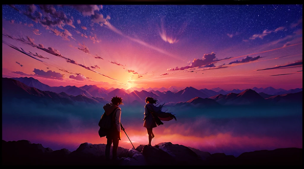 Epic anime-style battle scene in 4K quality, inspired by Makoto Shinkai's cinematic style, capturing an intense face-off between characters in a vibrant landscape. The background features a sunset over a serene lake, with mountains silhouetted against a sky of warm oranges and pinks. Characters are engaged in dynamic combat, but the overall atmosphere retains a calm, reflective vibe, with soft, warm lighting and twinkling stars in the sky, blending the intensity of the battle with the tranquility of a LoFi aesthetic