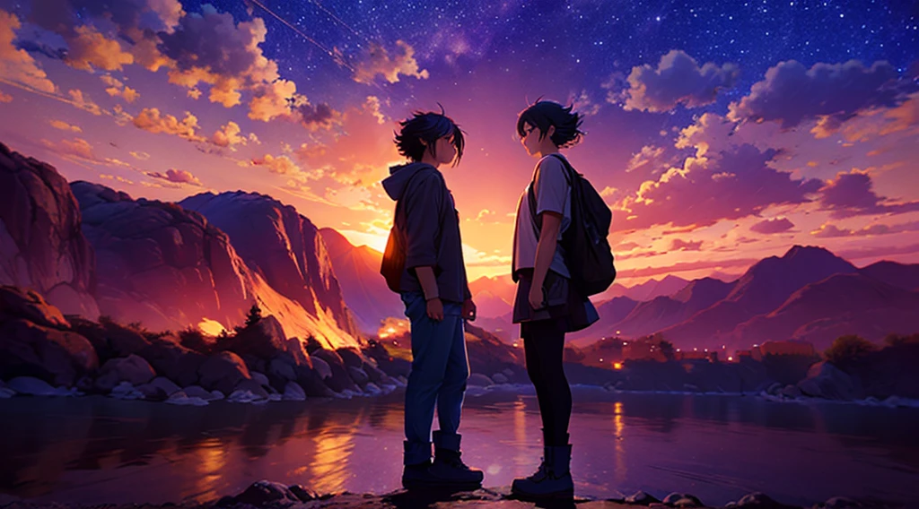 Epic anime-style battle scene in 4K quality, inspired by Makoto Shinkai's cinematic style, capturing an intense face-off between characters in a vibrant landscape. The background features a sunset over a serene lake, with mountains silhouetted against a sky of warm oranges and pinks. Characters are engaged in dynamic combat, but the overall atmosphere retains a calm, reflective vibe, with soft, warm lighting and twinkling stars in the sky, blending the intensity of the battle with the tranquility of a LoFi aesthetic