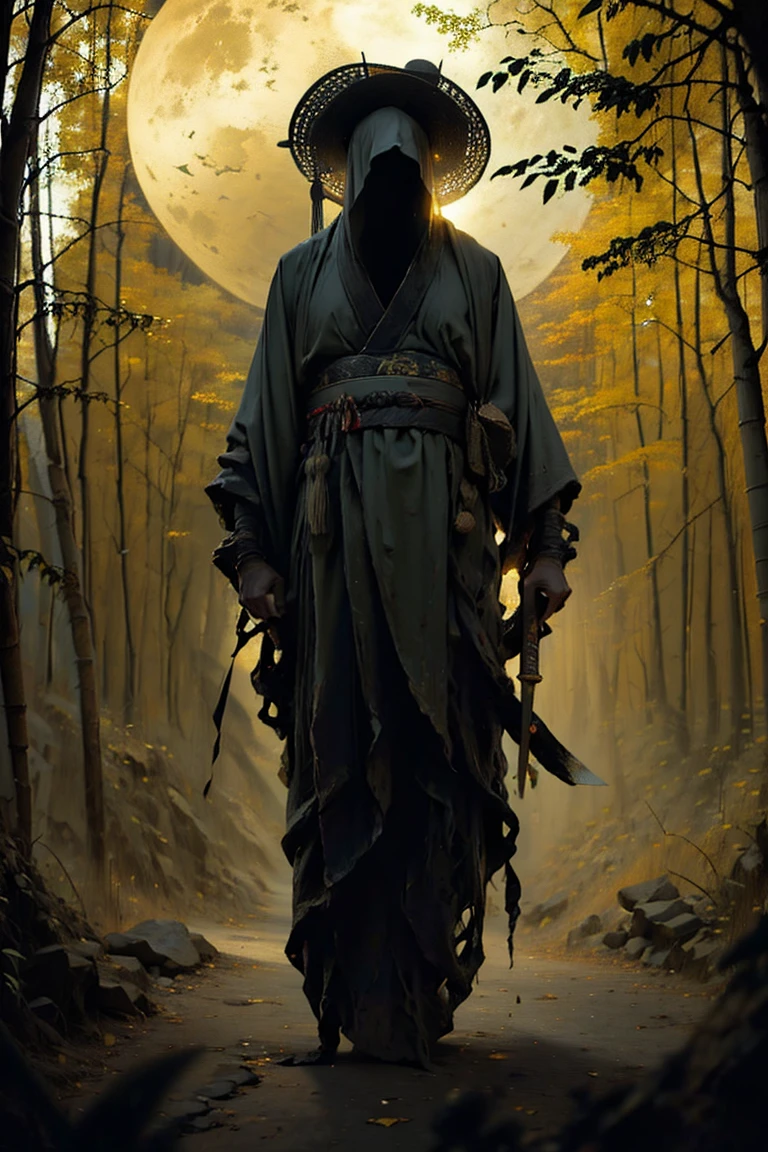 (Highest quality, 4K, height, masterpiece:1.2), Very detailed, (Realistic, photoRealistic, photo-Realistic:1.37), A man dressed as a samurai stands in the rain., Wearing a bamboo hat (fail) on head. He was surrounded by deep forests., Be enlivened by the sounds of nature. It was a full moon night., And the darkness creates a mysterious atmosphere... The man was wearing a black kimono with neon red stripes that glowed in the dark.。., Make him stand out on the scene. his sword (knife) Not applicable, Preparing to deal with potential disasters.