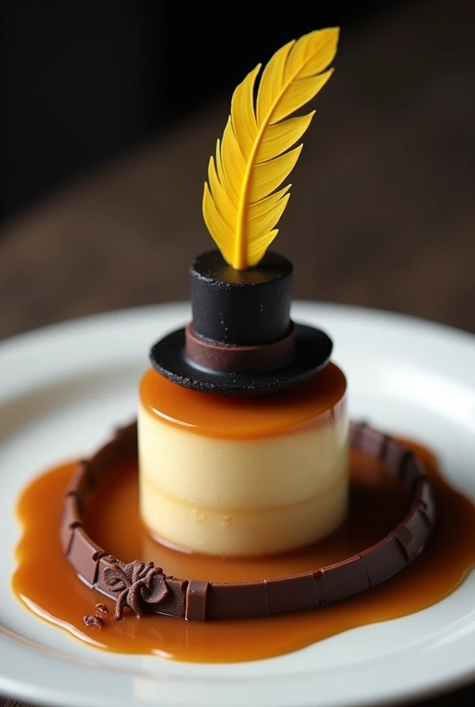 Plate containing a small salted caramel dessert with an alternating caramel and chocolate glaze,  a belt around it made of chocolate with a black swordsman&#39;s hat with a yellow feather made of chocolate.