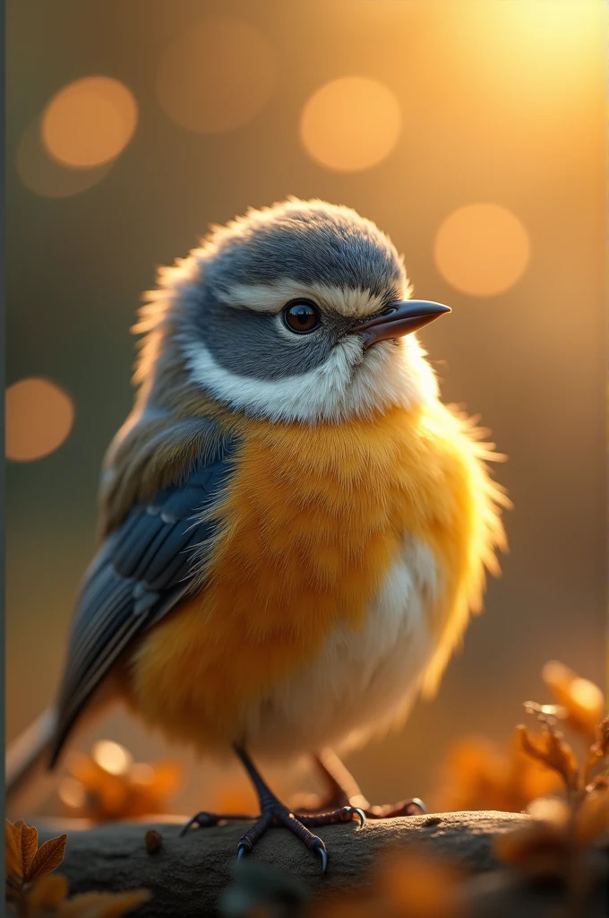 A mesmerizing close-up portrait of a gorgeous little bird illuminated by the soft, golden light of a tranquil morning, with vibrant bokeh balls gently framing its delicate form. 