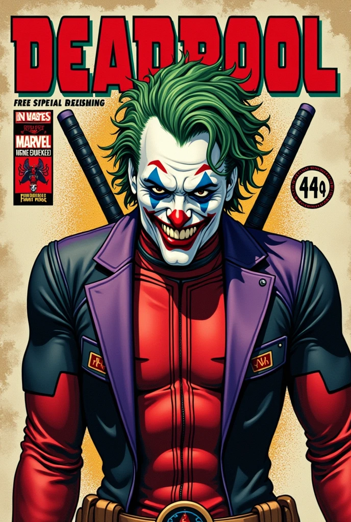 Old style marvel comic book cover ,with a character with clothes deadpool jumpsuit joker jacket face with clown makeup white hair, with title of "vingator"