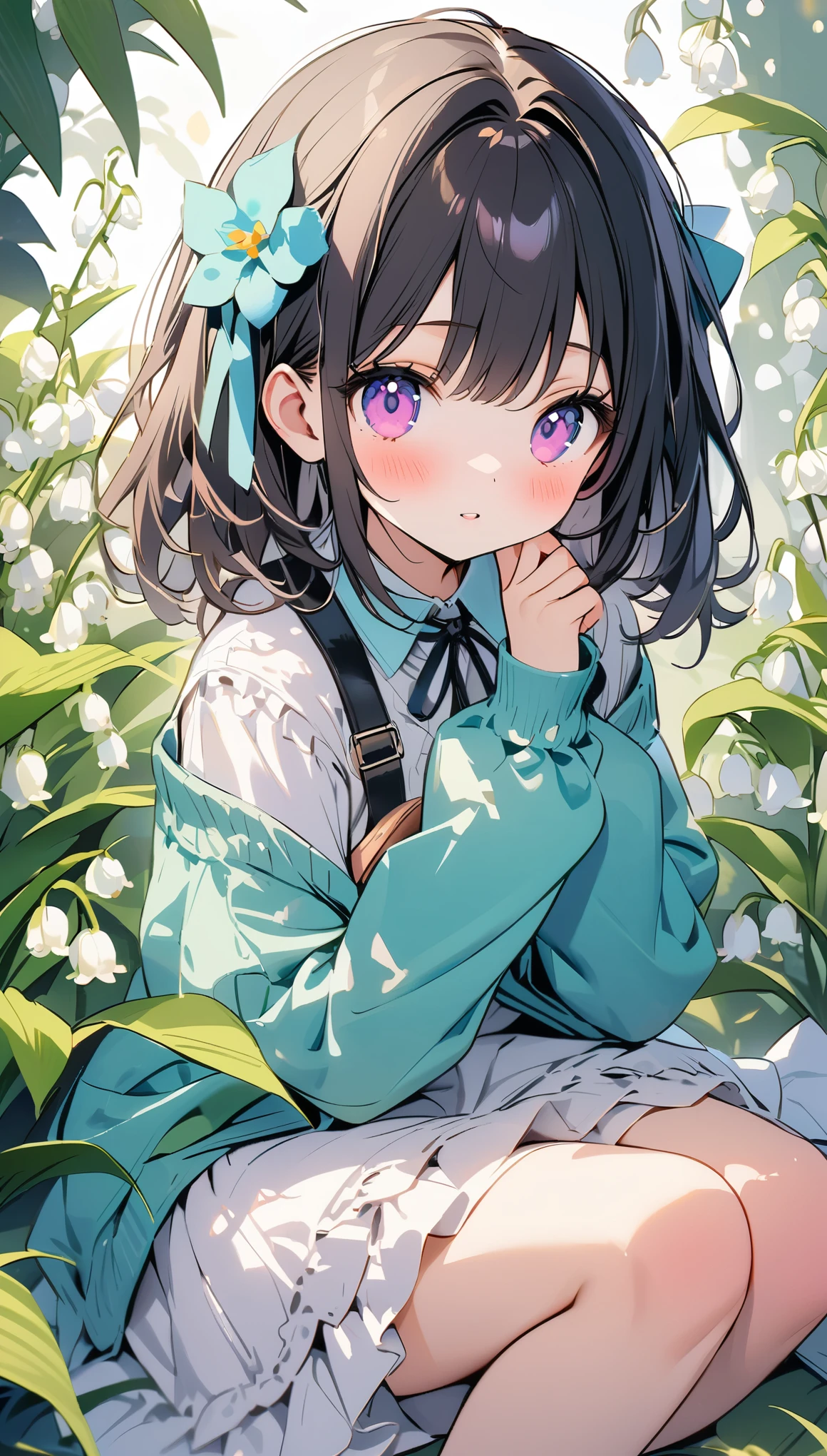 pale colour,((Amazingly absurd)),超High resolution, Attention to detail, high quality, High resolution, 最high quality, 4K, 8k, artwork,3dart,Lily of the valley flowers,White flower,Cute Girls,Lily of the valley background