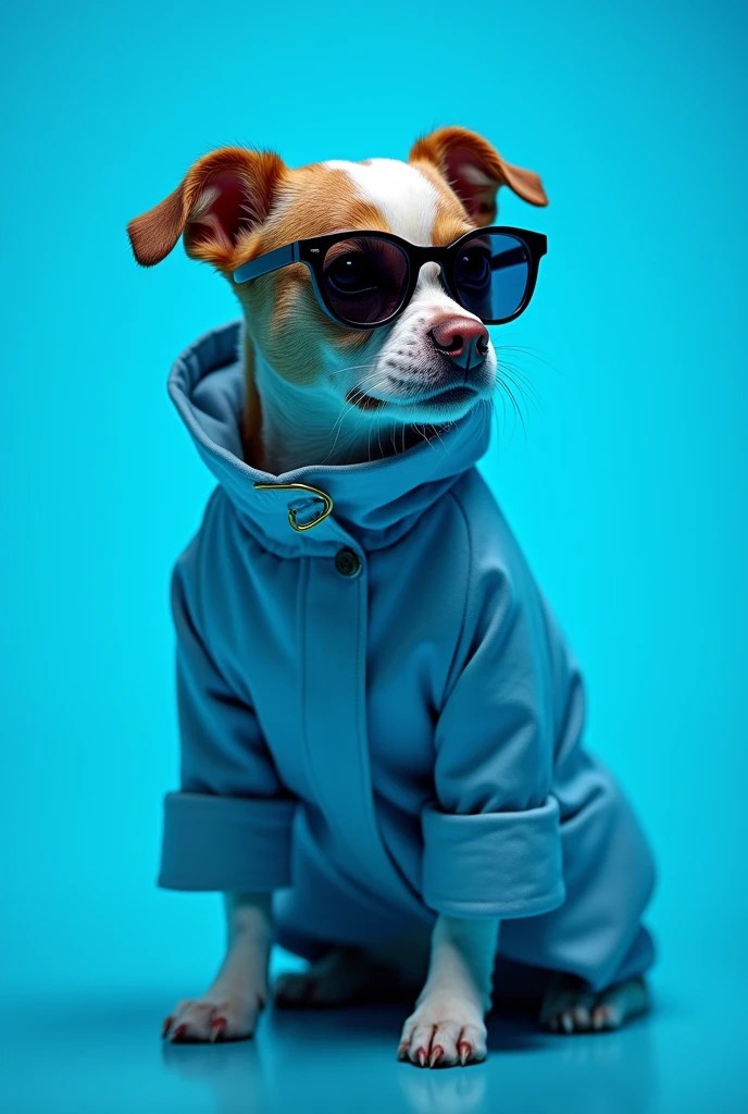 The best cell phone wallpaper, Award-Winning Wallpaper, portrait photography, In the front view is a portrait of a cute dog wearing mid-1960s space age fashion, Side view photo, Shot with Canon EOS R5, Set a strong contrast that accentuates the subject, Fluorescent blue tone, Wearing a very modern coat and sunglasses is a modern 1960s style, Clothes all in one color, beautiful background