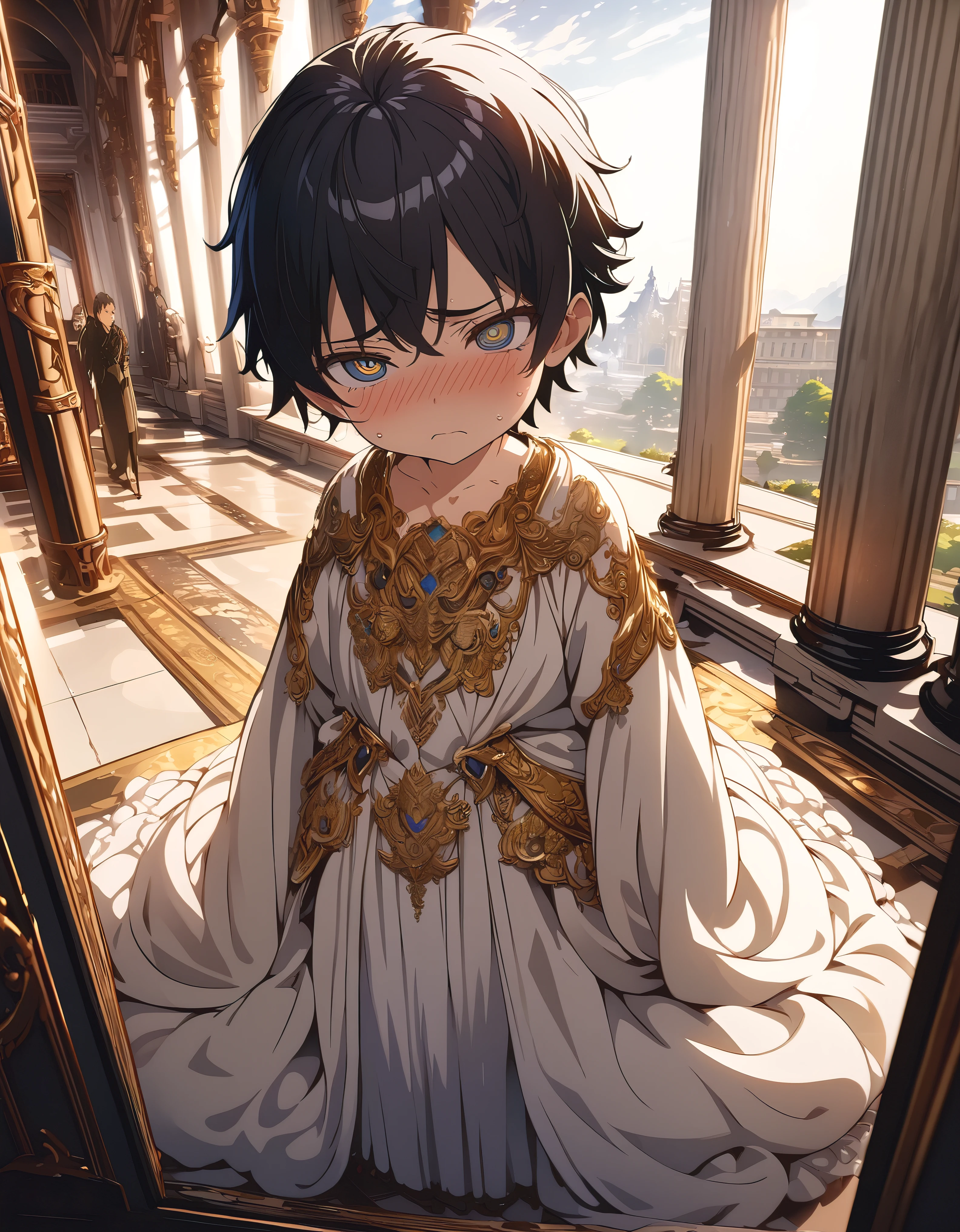 (POV), wide angle, masterpiece, best quality,highly detailed,extremely detailed cg unity 8k wallpaper,(day),reflection light,ray tracing,shadow,illustration,(((solo))),(1boy),(shota),(sexy),(clear facial details),(smooth skin),thin leg,bare feet,beautiful detailed eyes,aquagradient eyes,short hair,black hair,(gold),hidden legs,(very large silk soft white dress with many gold decorations, very long dress),(frills,lace,wrinkle),(prince),(cute),blush, disgust, (close up),(front view),(In palace),detailxl